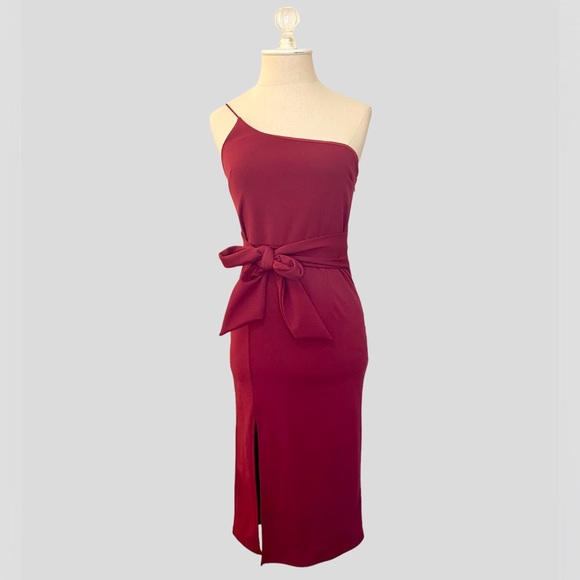 Club Scene Wine Red One-Shoulder Bodycon Midi Dress - Picture 3 of 15